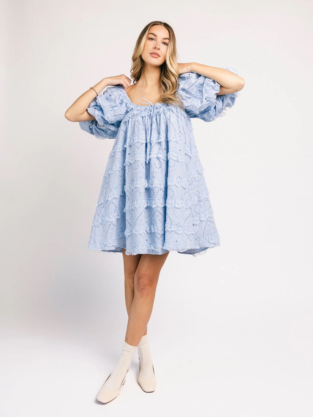 Cream Ruffled Eyelet Formal Dress